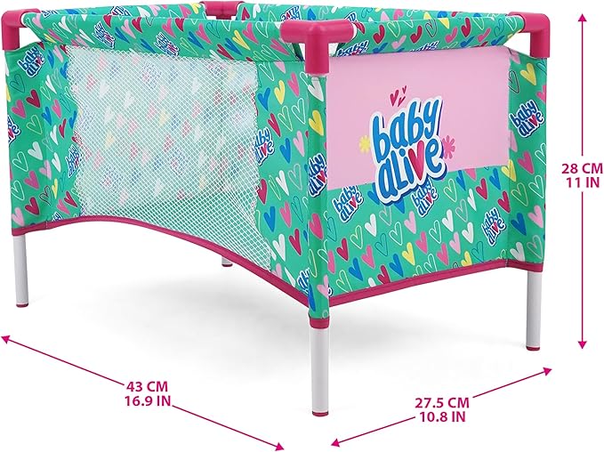 Baby Alive: at Home Set - 7pcs - Green, Pink, Hearts - Play Yard, Highchair, Feeding Accessories, Playset for Dolls Up to 18", Kids Toy, Ages 3+