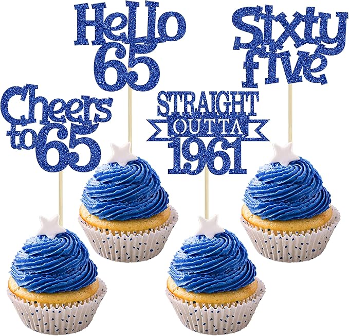 Ephlyn 24Pcs 65th Birthday Cupcake Toppers Glitter Straight Outta 1961 Cupcake Picks Hello 65 Cheers to 65 Years Cake Decorations for 65th Birthday Anniversary Party Decorations Supplies Blue