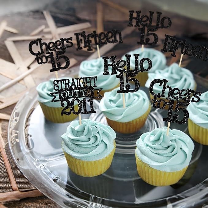 Ephlyn 24Pcs 15th Birthday Cupcake Toppers Glitter Straight Outta 2011 Cupcake Picks Hello 15 Cheers to 15 Years Cake Decorations for 15th Birthday Anniversary Party Decorations Supplies Black