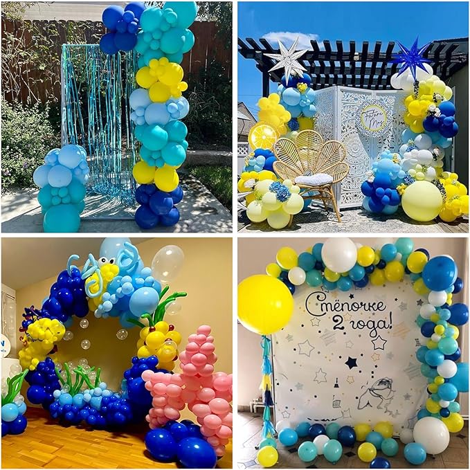 Yellow Blue Clear Balloons 12 Inch 60 Pcs Blue Cartoon Balloon Teal Blue and Yellow Party Latex Balloons Transparent for Kids Birthday Ocean Baby Shower Party Decorations