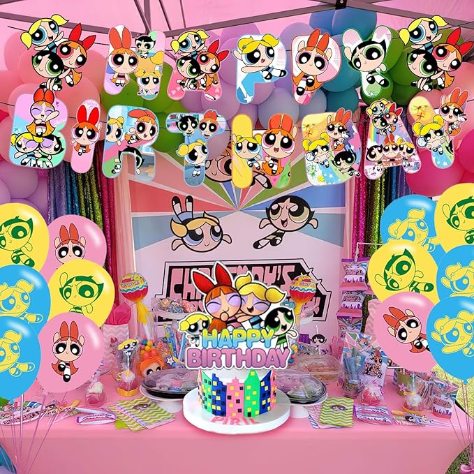 Power Girls Party Decorations,Power Girls Birthday Party Supplies Includes Banner - Cake Topper - 12 Cupcake Toppers - 18 Balloons