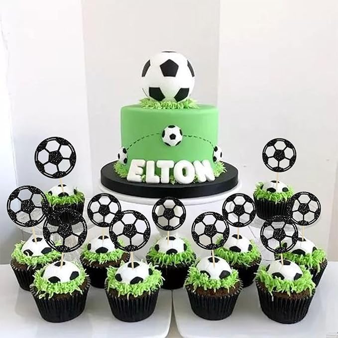 24Pcs Soccer Ball Cupcake Toppers Black Glitter Sports Theme Football Cupcake Food Picks Sport Balls Baby Shower Wedding Birthday Party Cake Decorations Supplies