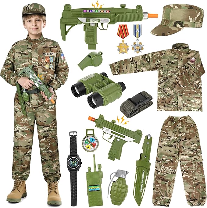 GIFTINBOX Army Costume for Kids, 15PCS Soldier Military Costume Dress Up Role Play Set with Army Accessories, Halloween Costumes for Boys 3-13, Halloween Birthday Gift for Kid