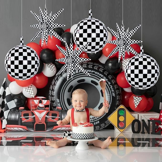 TONIFUL 8Pcs 22Inch Black Checkered Large 4D Giant Round and Star Balloons Explosion Star Mylar Balloons Set for Christmas New Year Birthday Wedding Bridal Shower Anniversary Photo Booth Supplies