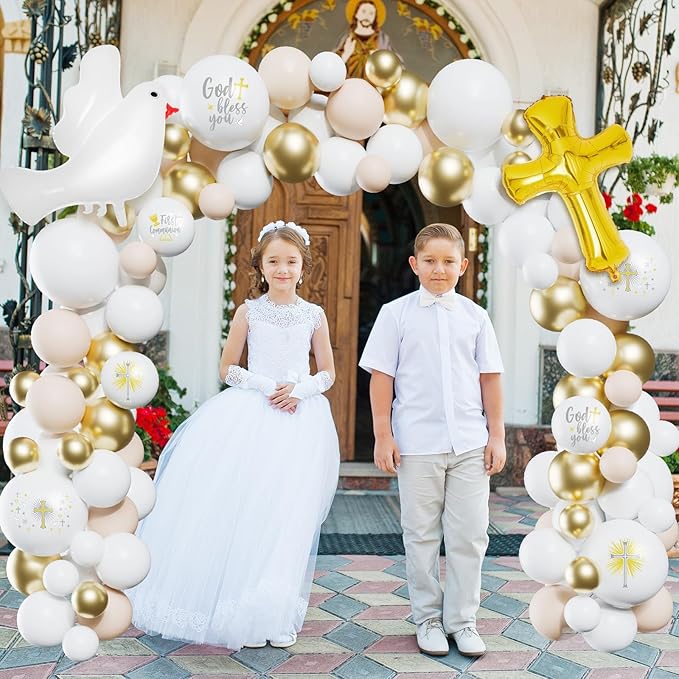 169 Pcs First Communion Decorations Balloons Kit Baptism Party Decorations White Metallic Gold Balloons Arch Kit First Holy Communion Decor for God Bless Christening Birthday Theme Party Supplies