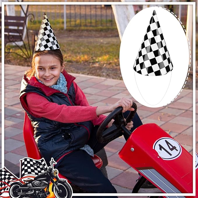 Teling 30 Pieces Birthday Party Hats Car/Cow Themed Paper Cone Hat Birthday Party Supplies Decorations for Kids (Race Car)