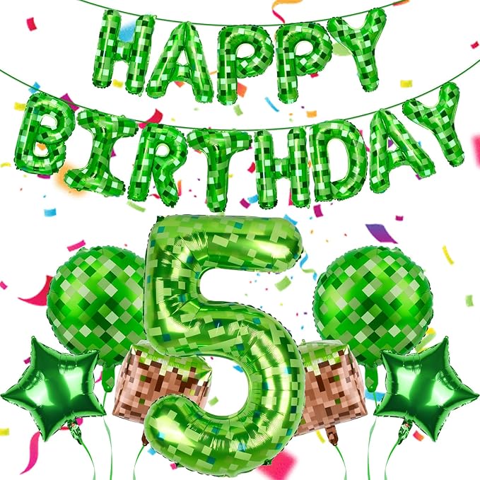 Green Pixel Themed Happy Birthday Banner Party Decorations Set Including 40 Inch Number 5 Foil Balloons, Themed Party Essentials, TNT Pixel Backdrop Supplies for Boys Indoor Outdoor Celebration