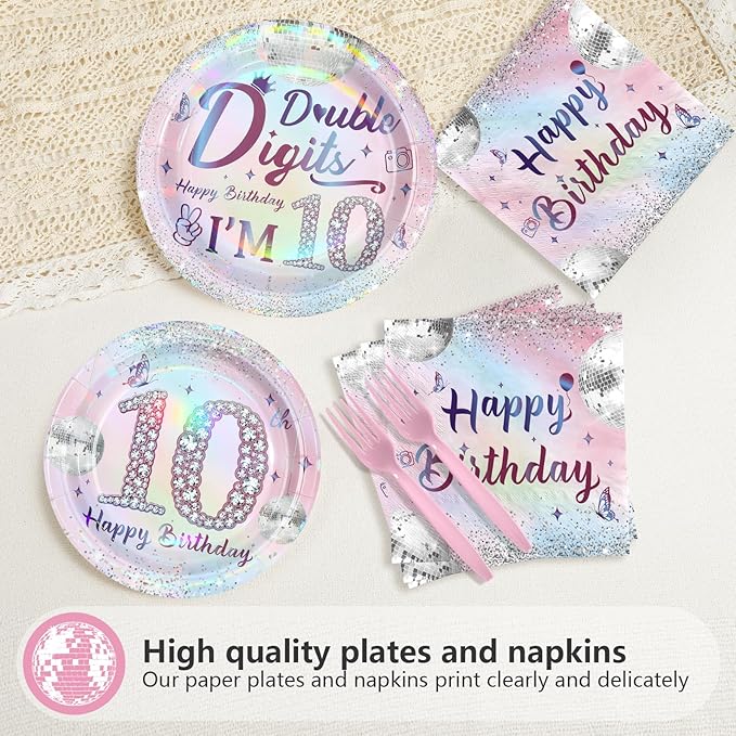 96Pcs 10th Birthday Party Decorations for Girls Double Digits Plates and Napkins Iridescence Silver Pink 10th Tableware for Girls Double Digits Tenth Birthday Party Decorations Serve 24