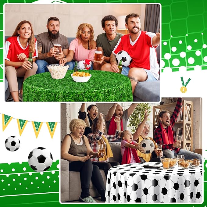 6 Pack Round Soccer Tablecloth 84 Inch Plastic Soccer Grass Party Decorations Disposable Grass Table Cloth Washable Disposable Circle Table Cover for Birthday Party Supplies Decoration