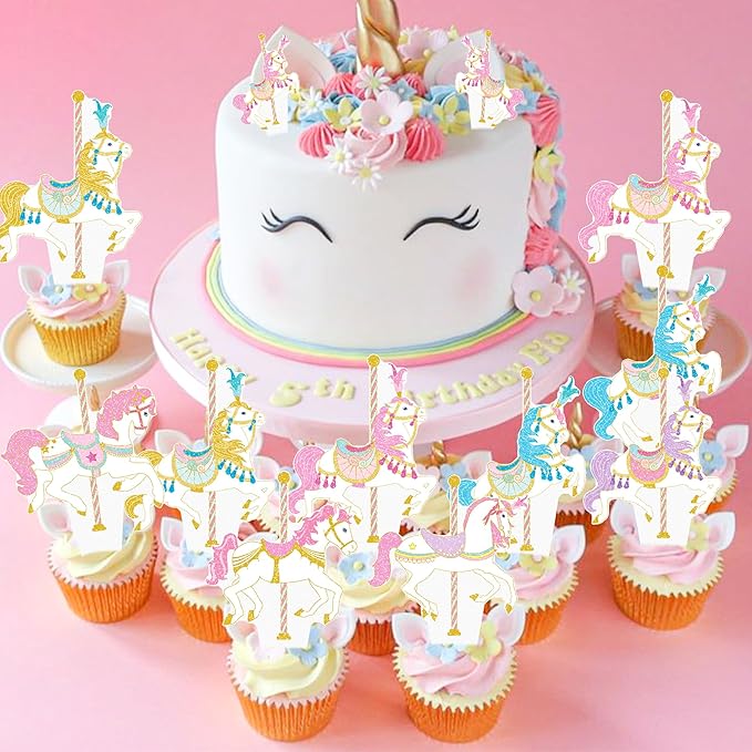 Carousel Horse Cupcake Toppers 48Pcs Carousel Horse Party Cake Decorations Carnival Carousel Horse Cupcake Picks Horse Birthday Party Supplies for Amusement Park Themed Baby Shower Decor