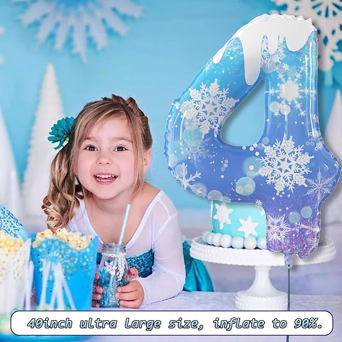 40 Inch Frozen Balloons Number 4 Birthday Balloons Decorations for Girls Birthday Snowflake Themed Party Supplies Winter Party Decorations (Blue Snowflake, number 4)