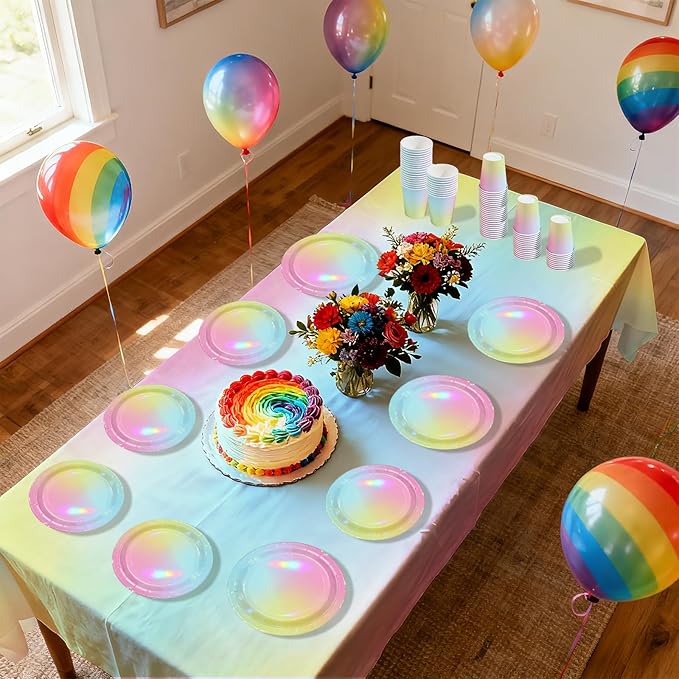 170pcs Pastel Rainbow Birthday Party Supplies Iridescent Pastel Plates and Napkins Cups Forks Tableware Sets for Girls Baby Shower Sprinkle Unicorn Theme Party Favors Serves 24