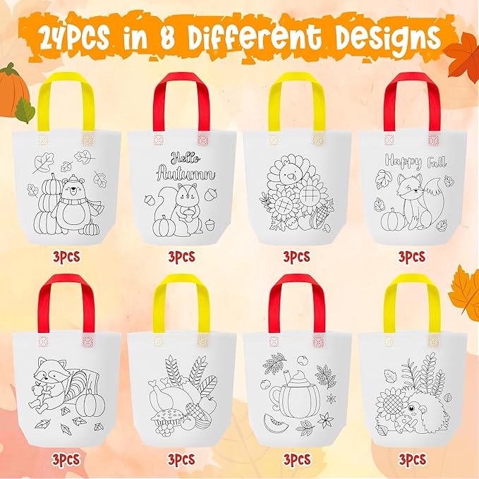 Fall Coloring Goodie Bags for Kids - 24Pcs Autumn Bulk Color Your Own Gift Bags with Handle Thanksgiving Reusable Coloring Bags Non Woven Tote Bag for DIY Crafts Painting Party Favor Supplies