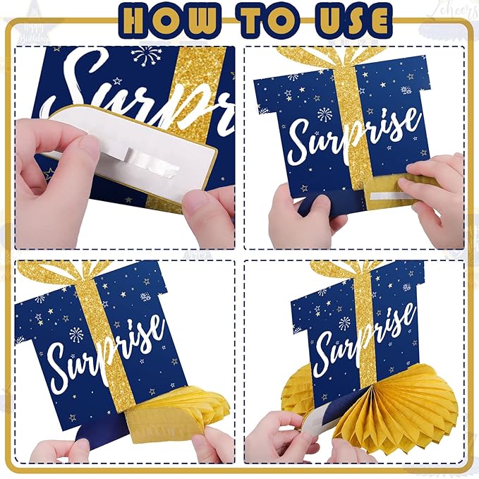 Spakon 8 Pieces Blue Gold Happy Birthday Table Decorations Happy Birthday Honeycomb Centerpieces Glitter Table Toppers Blue and Gold Party Decorations for Men and Women Party Supplies