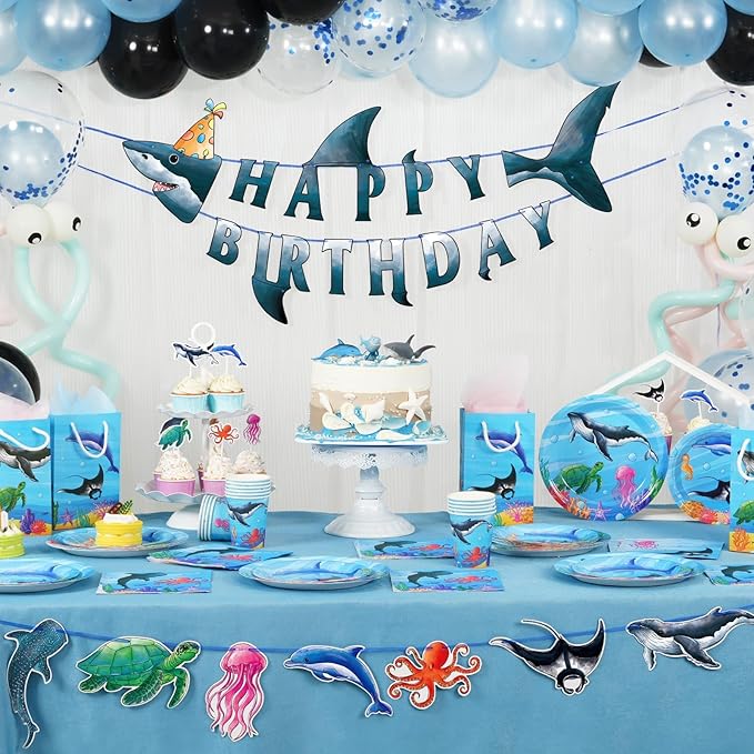 WERNNSAI Shark Happy Birthday Banner Set - Ocean Theme Party Supplies for Kids Boys Pre-strung Shark Birhday Banner and Ocean Animal Banner Beach Under The Sea Theme Party Decorations Hanging Wall Decor