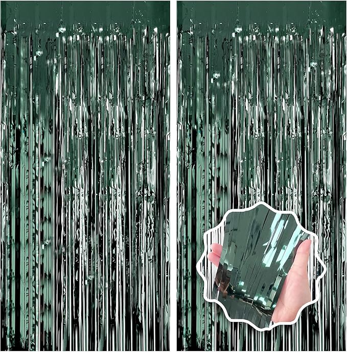 Dark Green Party Birthday Decorations Door Streamers Fringe Tinsel Foil Curtain, 2 Pack 3.3x8.2ft Dark Green Backdrop for Birthday Jungle Party Dinosaur Animal St Patrick's Day Christmas Decorations
