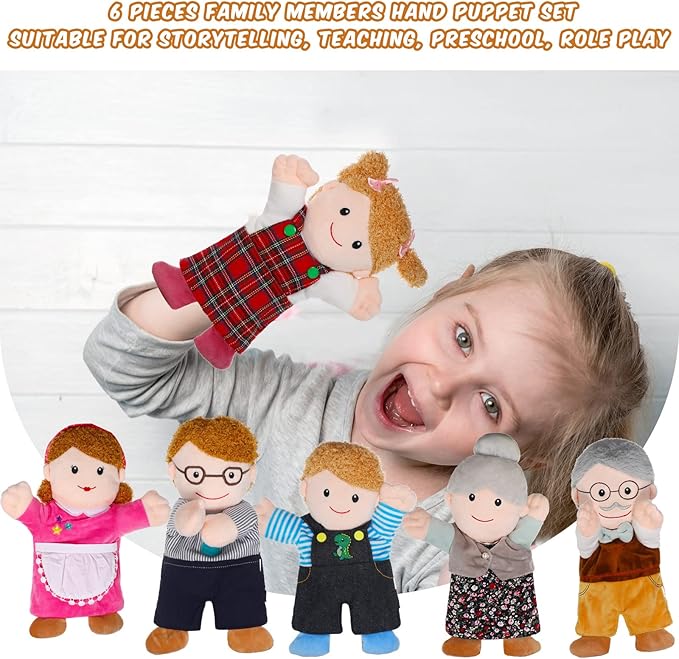 Civaner 6 Pieces Hand Puppet Set 11.8 Inch Family Members Puppets Theater Mother, Father, Son, Daughter and Grandparents for Storytelling, Teaching, Preschool, Role Play