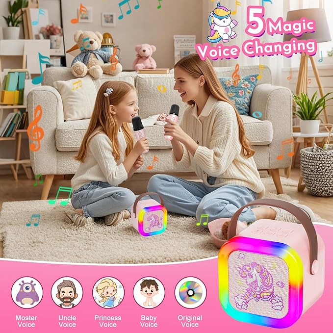 Mini Karaoke Machine for Kids: Unicorn Bluetooth Speaker with 2 Wireless Microphones, Portable Singing Toy & Birthday Gifts for Girls Ages 4-12
