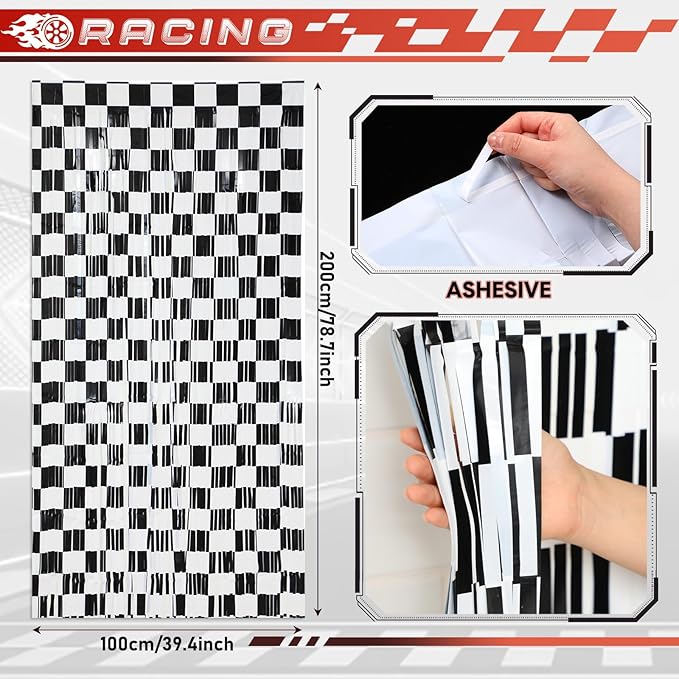2 Pack Race Car Checkered Streamers Backdrops Birthday Party Decorations Black and White Checkered Foil Fringe Curtains Photo Booth Props for Racing Cars One Happy Dude Party Decorations