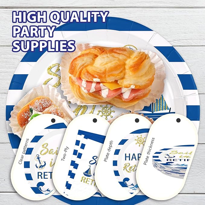 96Pcs Nautical Retirement Decorations Sailing into Retirement Plates and Napkins Tableware Sets Navy Blue Gold Decorations for Sailor Men Retirement Theme Farewell Supplies Serves 24