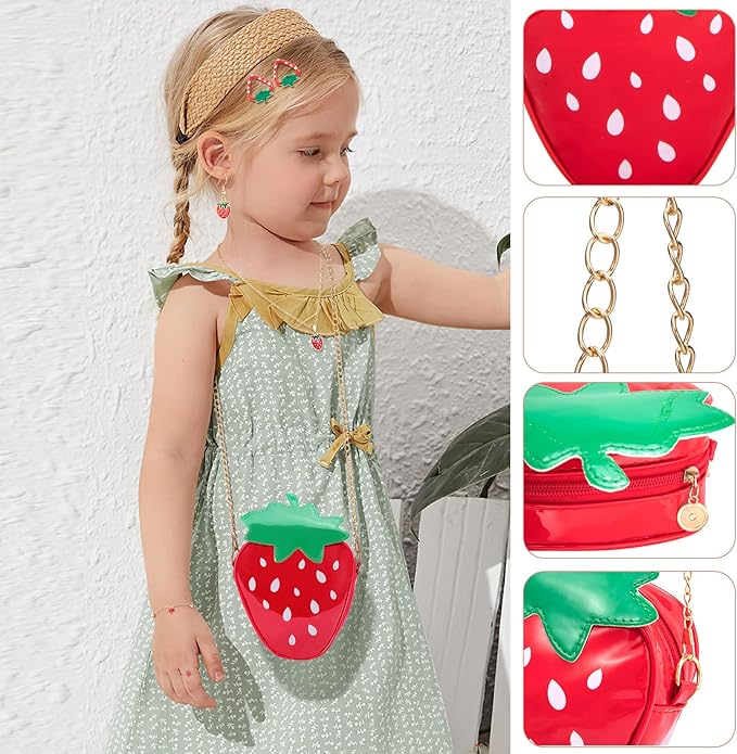 Strawberry Crossbody Bag Jewelry Set for Women Teen Girls, Strawberry Purse Cute Fruit Necklace Bracelet Earrings Ring Hair Clips Set Princess Dress up Pretend Play Jewelry Gifts