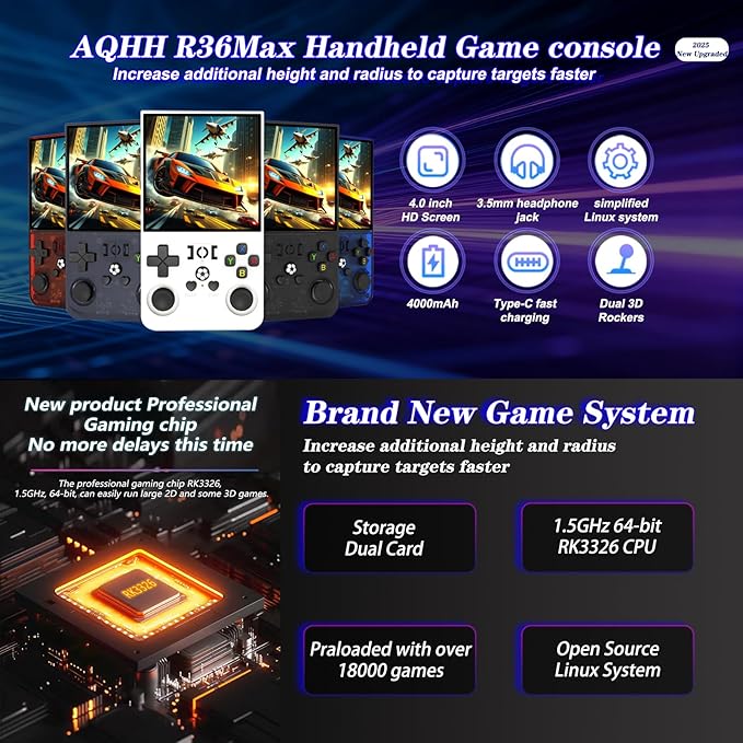 R36MAX 4000mAh Portable Rechargeable Handheld Retro Game Console,Comfort Non-Slip Handheld Standing Retro Game Console with 64G TF Car,4.0-inch Screen,for Office,White