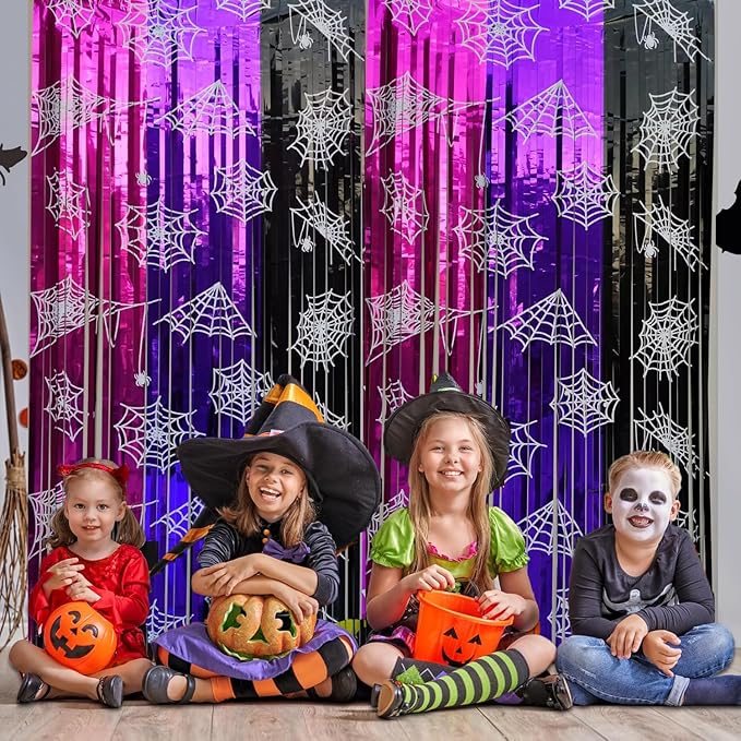 Wednesday Birthday Party Supplies 2 Pack Wednesday Party Streamers Backdrop Tinsel Foil Fringe Curtains Halloween Party Decorations Pink Purple and Black Background for Girls Birthday Party Supplies