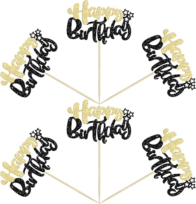 Ephlyn 24Pcs Happy Birthday Cupcake Toppers Double Layer Glitter Happy Birthday Cake Decorations for Celebrating Baby Shower Theme Kids Boys Girls Birthday Party Cake Decorations Supplies Black Gold