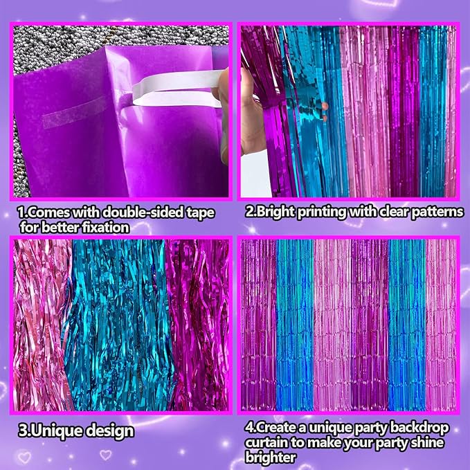 4 Pack Purple Blue Pink Foil Fringe Curtains Backdrop Birthday Party Decorations, 3.28 x 6.56 Ft Music Themed Tinsel Streamer Banner Photo Booth Props for Mermaid Sea Party Decor Supplies Favors