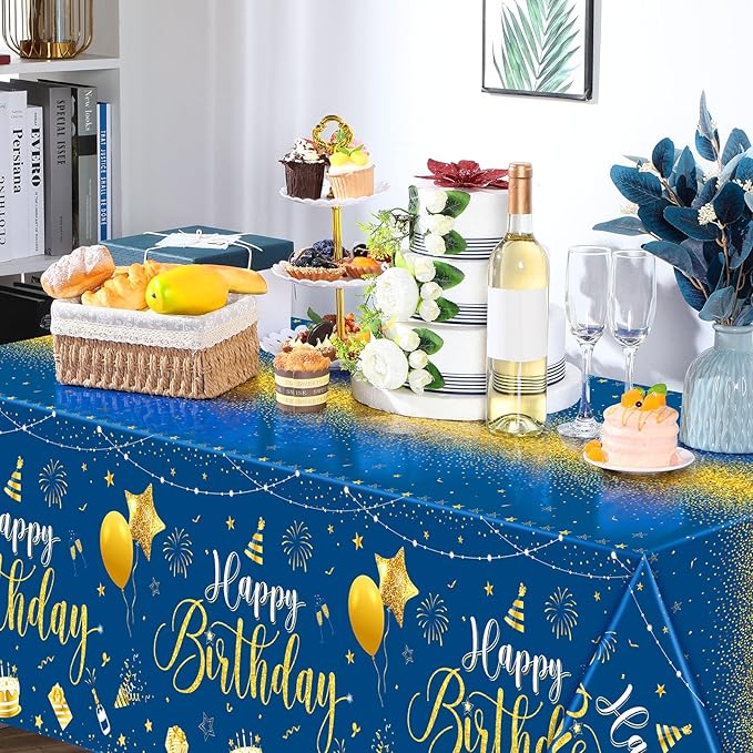Tudomro 3 Pcs Happy Birthday Tablecloths Happy Birthday Party Decorations Plastic Table Cover Rectangular Cloths for Women Men Baby Shower Party Supplies, 108 x 54 Inch (Blue Gold)