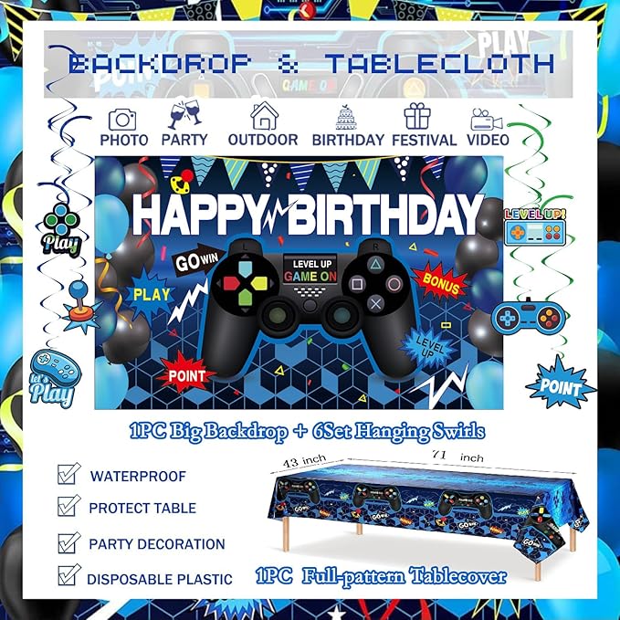 75Piece Video Game Party Decorations Set: Gamer Birthday Supplies with Happy Birthday Backdrop, Table Cover, Hanging Swirls, Cake Toppers, Foil Balloons, Latex Balloons – Perfect Game ON Party!