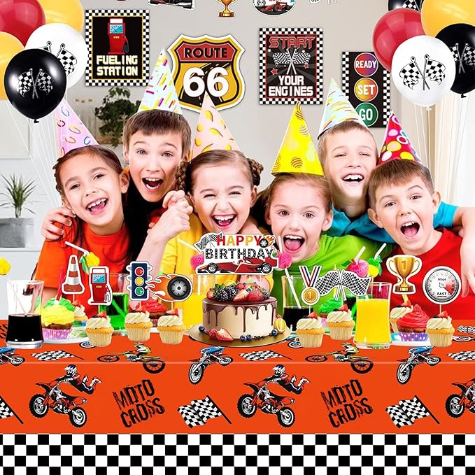 PHOGARY 3pcs Dirt Bike Table Cloth for Boys Men Birthday Party Decorations, Checkered Racing Motorcycle Disposable Plastic Rectangular Table Covers Motocross Moto Theme Party Favors Supplies 51x86Inch