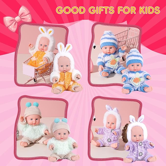 4 Pcs 7 Inch Baby Doll Playset with 4 Adorable Clothes, Mini Reborn Baby Dolls Nursery Toys for Toddlers Girls Kids 3+