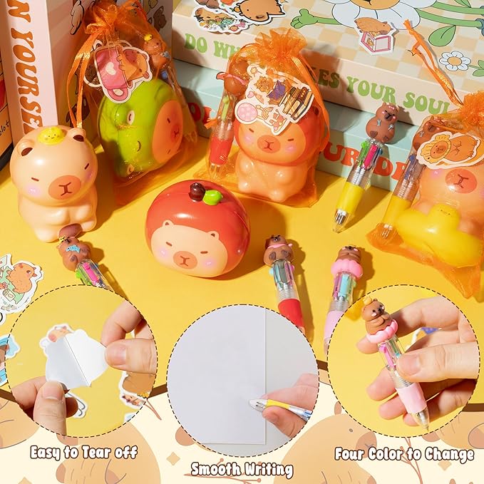 CY2SIDE 12 Pack Capybara Squeeze Toys Party Favor Gift Set, Included Random Slow Rising Squishy Toys 4-in-1 Ballpoint Pen Stickers and Organza Bag, Capybara Valentines Party Goodie Bag Fillers for Kid
