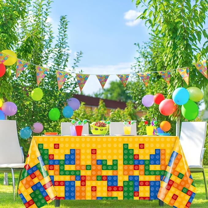 Oudain 4 Pcs Building Block Tablecloths - Colorful Birthday Party Decorations 54 x 108 Inch Disposable Plastic Brick Table Cover - Waterproof Themed Party Supplies (Multicolor)