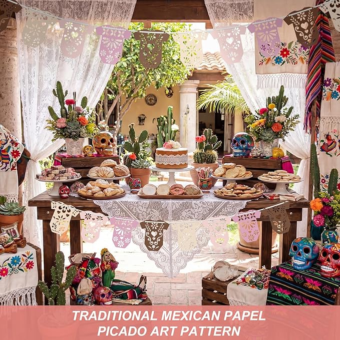 4 Set Cielito Lindo Baby Shower Garland 48 Pcs Pink Papel Picado Party Decorations Mexican Lace Baby Bodysuit Banner Card with Hanging String for Gender Neutral Party Supplies