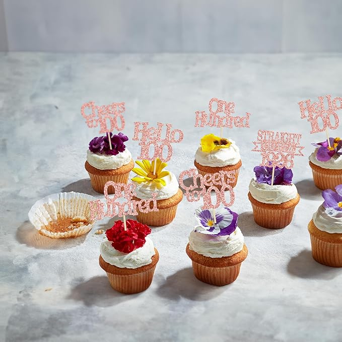 Ephlyn 24Pcs Happy 100th Birthday Cupcake Toppers Glitter Cupcake Picks Hello 100 Cheers to 100 Years Birthday Cake Decorations for 100th Birthday Anniversary Party Supplies Rose Gold