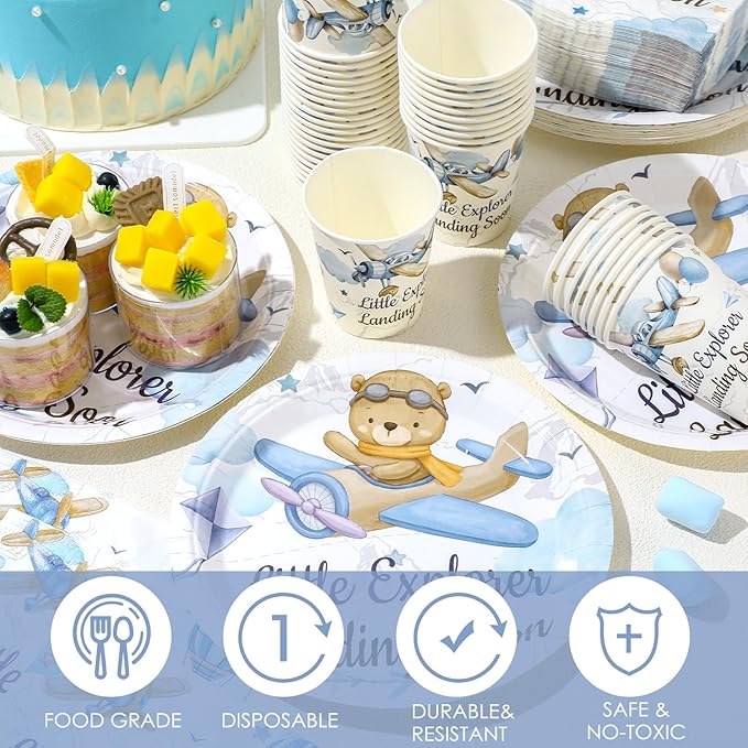 Hushee 200 Pcs Little Explorer Baby Shower Paper Plates Napkins Cups Baby Shower Party Supplies Tableware Set Disposable Cup Napkin for 50 Guest Party Decoration