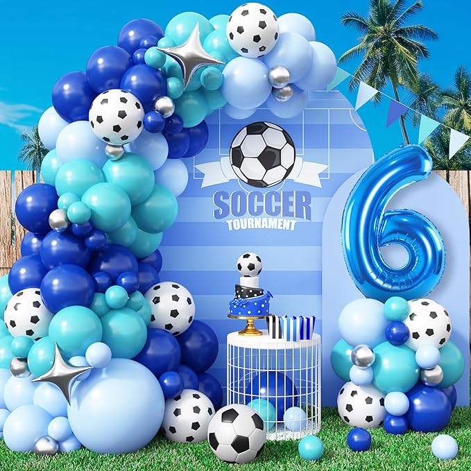 6th Soccer Birthday Balloons Decorations, Soccer Balloon Arch Kit with Royal Blue Teal Light Blue Balloons, 40 Inch Blue Number 6 Balloon Tower, for Boys 6 Years Old Football Club Party Decorations