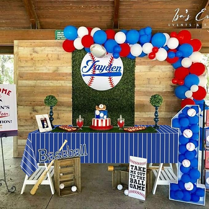 Disposable Baseball Tablecloths, 4 Pcs Plastic Red and Blue Stripe Table Covers for Baseball Birthday Decorations, 51 x 86 inches
