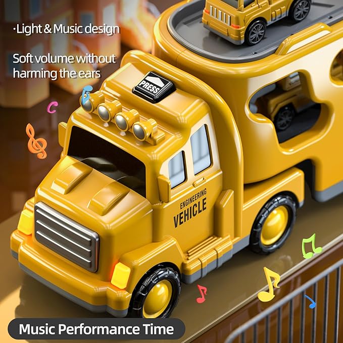 5 in 1 Construction Trucks Cars Toys for Toddlers 3-5, Boy Toddler Car Truck Toys with Light Sound, Includes Crane, Mixer, Bulldozer & Excavator, Birthday Gifts Toys for 2 3 4 5 Year Boys