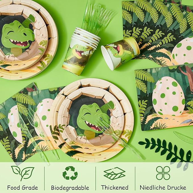 144Pcs Dinosaur Egg Birthday Party Supplies Decorations Dino Themed Paper Plates Napkins Vintage Dinosaur Party Tableware Disposable Dinnerware for Boy Kid Birthday Baby Shower Table Decor, Serve 24