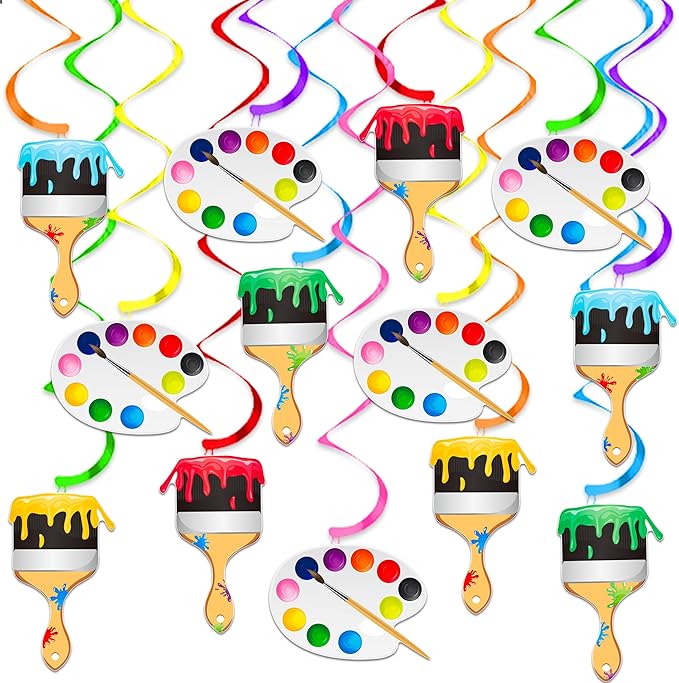 21pcs Art Painting Party Hanging Swirl Decorations Paint Brush and Palette Design Ceiling Streamers for Art Paint Birthday Party Artist Baby Shower Supplies