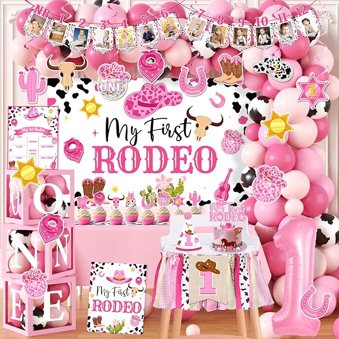 155Pcs My First Rodeo Decorations Girl,Western Cowgirl 1st Birthday Balloon Arch,Banner,ONE Box,Tablecloth Theme Party Supplies for Baby Girl 1st Birthday,Girls Baby Shower Party