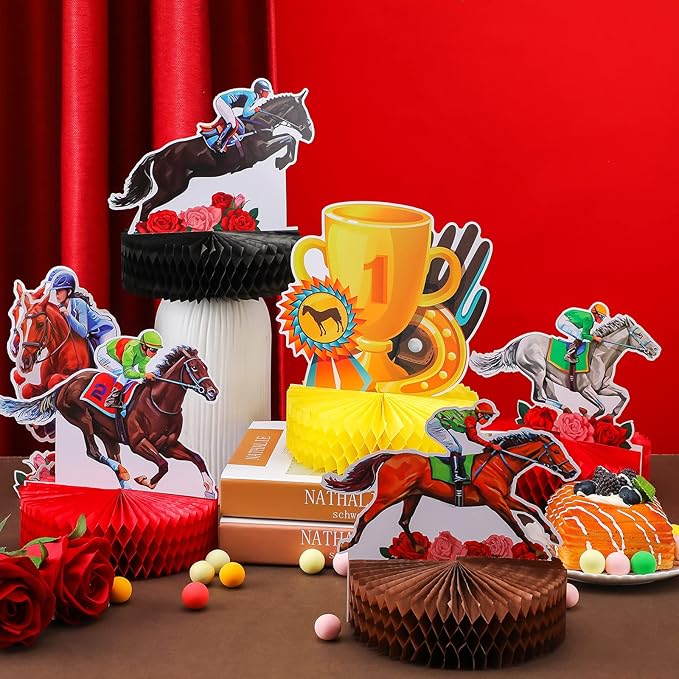 9 Pcs Kentucky Horsing Racing Derby Decorations Horse Racing Honeycomb Centerpieces 3D Horse Birthday Party Supplies Baby Shower Derby Plates Table Decoration