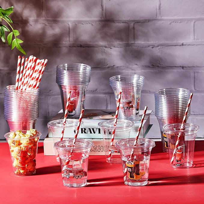 Boao 36 Pcs Watercolor Fire Truck Party Cups with Lids and Paper Straws 14 oz Disposable Clear Plastic Cups for Firefighter Birthday Party Favor Supplies Decorations