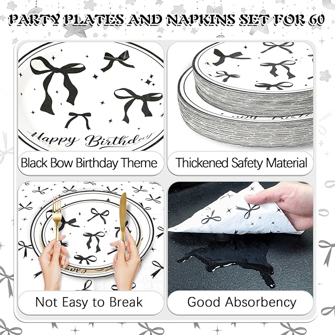 180Pcs Black Bow Birthday Party Supplies Paper Plates and Napkins Serve 60 Disposable Tableware Set for Birthday Party Decorations Game Day Family Holiday Sports Events