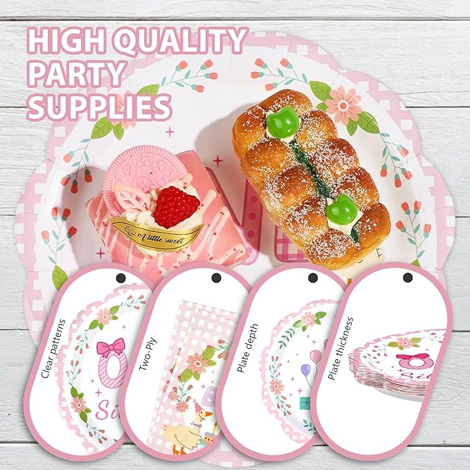 96Pcs One Silly Goose Birthday Party Decorations Goose 1st Birthday Paper Plates and Napkins Sets Pink Bow Cute Wreath Geese Decorations for Baby Girls One Year Old Bday Party Supplies Serves 24