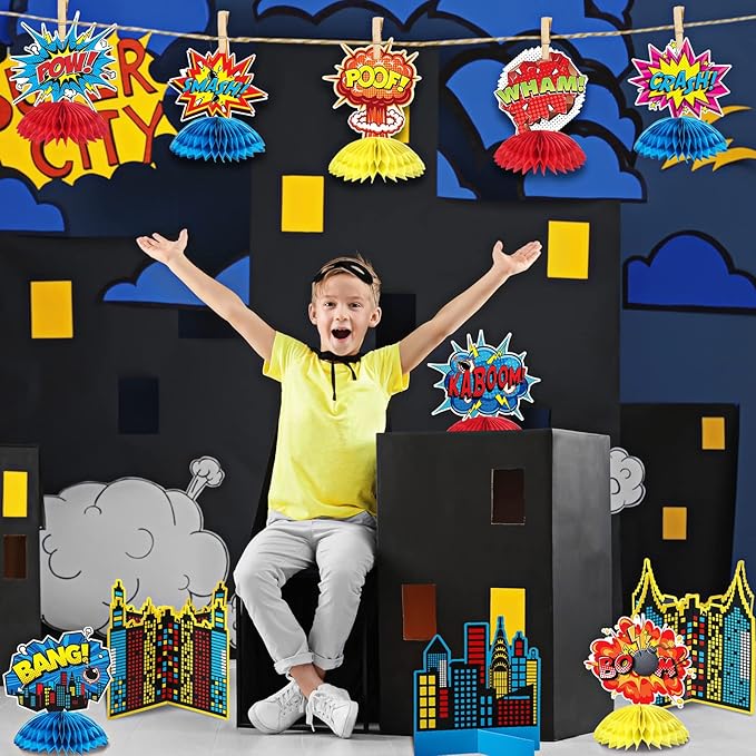 Funrous 11 Pieces Hero Party Decoration Hero Honeycomb Centerpieces 3D Table Topper Paper Large Word Centerpieces Fun Action Sign Standing Card for Birthday Baby Shower Decor Supplies(Classic)
