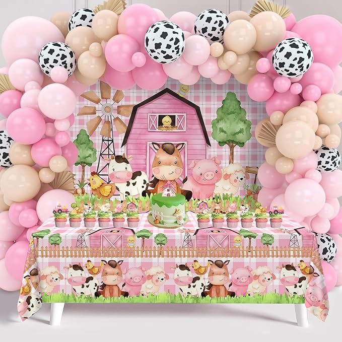 Farm Animal Themed Party Decoration for Girl,Farm Barn Animals Backdrop Banner Farmhouse Animals Decor Party Tablecloth Balloon Arch Garland Kit for Birthday Photography Baby Shower Party Supplies